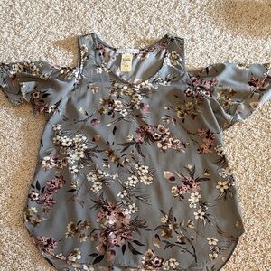 Women’s Gray Floral Off-Shoulder Blouse with Pink Accents